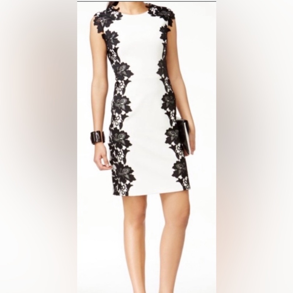 Betsey Johnson white sheath dress with black lace Size 10.